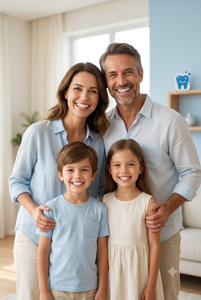 Улыбающаяся семья после лечения в клинике SmileDent